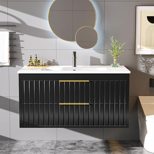 36" Bathroom Vanity with Sink, Floating Vanity Bathroom Sink Cabinet Wall Mount, Soft-Close Function 2 Large Drawers, Grooved Stripe Design, Hidden Damping Drawers, Black