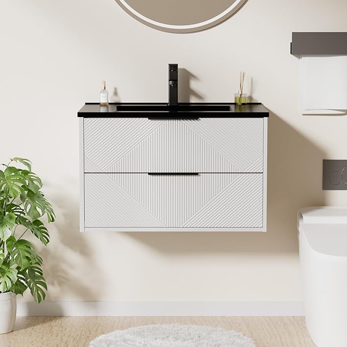 LUCKWIND 30" Floating Bathroom Vanity with Black Sink Combo, Wall Mounted Floating Cabinet with 2 Large Soft-Close Drawers & Water Saving Faucet, Geometric Textured Design in White
