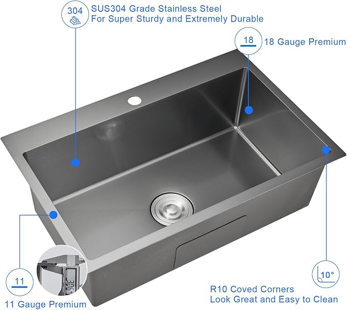 28"x18" Drop in Single Bowl Kitchen Sink SUS304 Black Steel 9" Deep | 28 inch Black Drop-in Sink | SUS304 SS | Topmount | 9" deep | Single bowl | Family Kitchen/Prep | Large Capacity