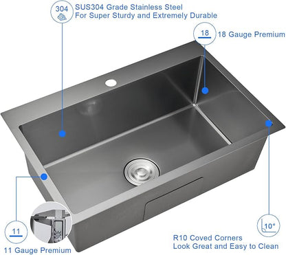 28"x18" Drop in Single Bowl Kitchen Sink SUS304 Black Steel 9" Deep | 28 inch Black Drop-in Sink | SUS304 SS | Topmount | 9" deep | Single bowl | Family Kitchen/Prep | Large Capacity