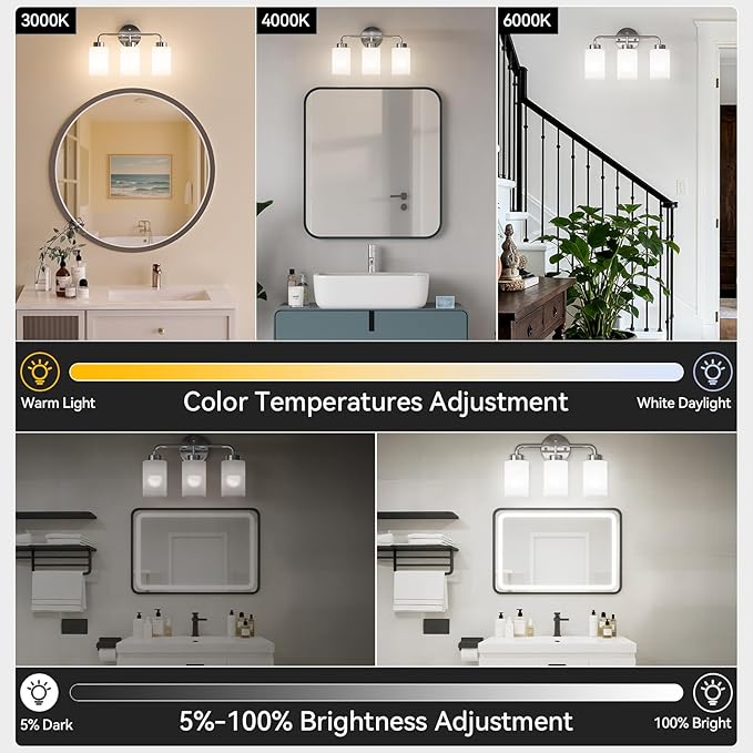 SUNMORY Bathroom Light Fixtures with 3 Stepless Dimmable Bulbs and Remote, 3-Light Modern Vanity Lights with Frosted Glass Shades, Bathroom Wall Lamp for Over Mirror Kitchen Living Room Hallway Porch