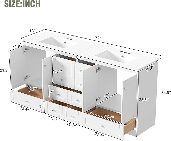 Harper & Bright Designs 72" Bathroom Vanity Set with Double Sink, Vanity Cabinet with 4 Cabinet Doors and 8 Drawers, Modern Design Solid Wood Bathroom Cabinet with Ceramic Basin for Bathroom, White