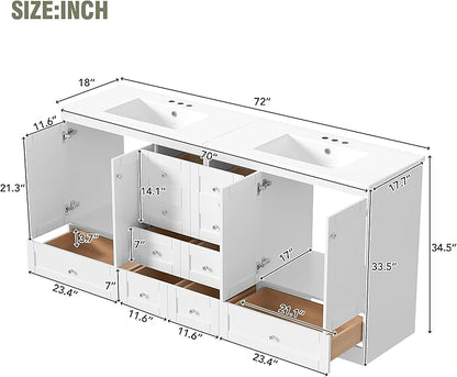 Harper & Bright Designs 72" Bathroom Vanity Set with Double Sink, Vanity Cabinet with 4 Cabinet Doors and 8 Drawers, Modern Design Solid Wood Bathroom Cabinet with Ceramic Basin for Bathroom, White