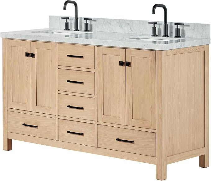 ARIEL Cambridge 60-inch Bathroom Vanity with Sink,Solid Wood, 1.5-inch Italian Carrara Marble Countertop, Double Rectangular Porcelain Sink, 4 Soft Closing Doors, 6 Dovetail Drawers, White Oak