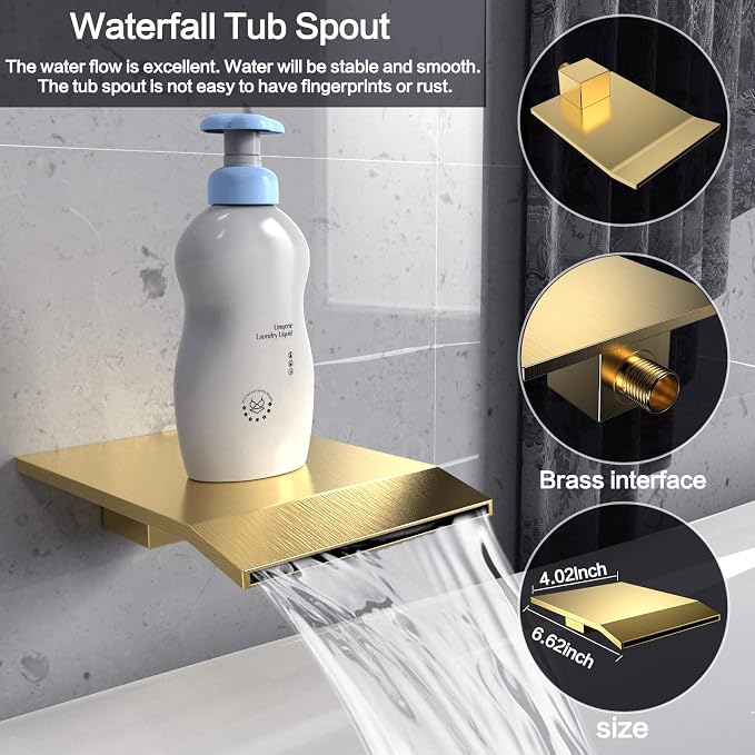Brushed Gold Shower System Rain Faucet Set with Tub Spout, 12 inch | All-Metal Wall Mounted Bathroom Shower Faucet Set with Safe Pressure Balance Valve, Water Saving High Pressure Rainfall Head