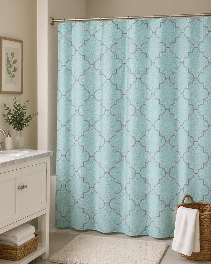 Serafina Home Geometric Aqua Fabric Shower Curtain, Blue Grey Damask Moroccan Design, 70x72 Inch, with 12 Rollerball Hooks