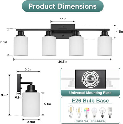 Ascher Bathroom Light Fixtures, 4-Light Vanity Light Over Mirror, Matte Black Wall Sconces with Milky White Frosted Glass Shades, Wall Lamp for Living Room Bedroom, E26 Base(Bulbs Not Included)