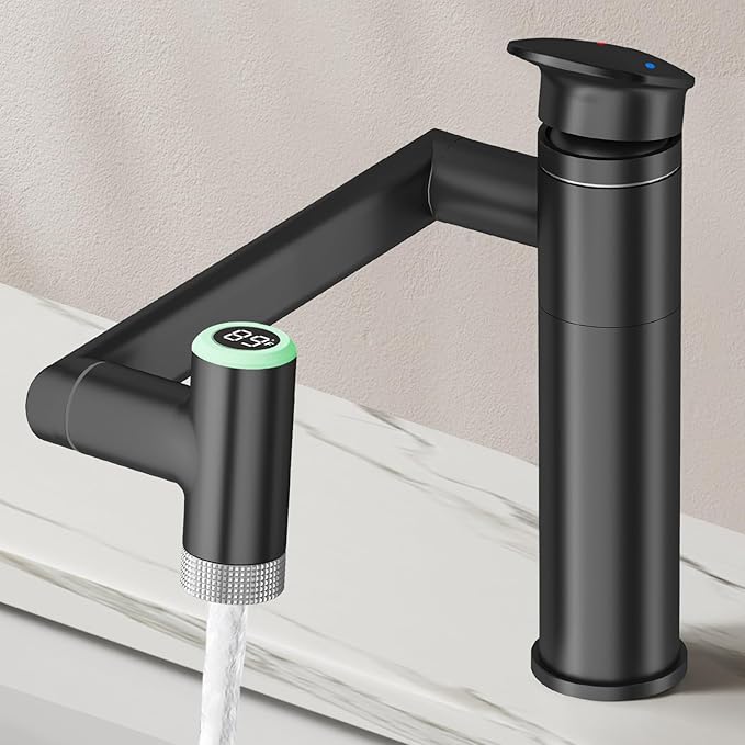 HOWUWEY 1080° Rotatable Single Hole Bathroom Vanity Faucet with Temperature Display, Height Adjustable Single Lever Bathroom Sink Faucet 1 Hole, LED Basin Faucet with Color Change (Black)