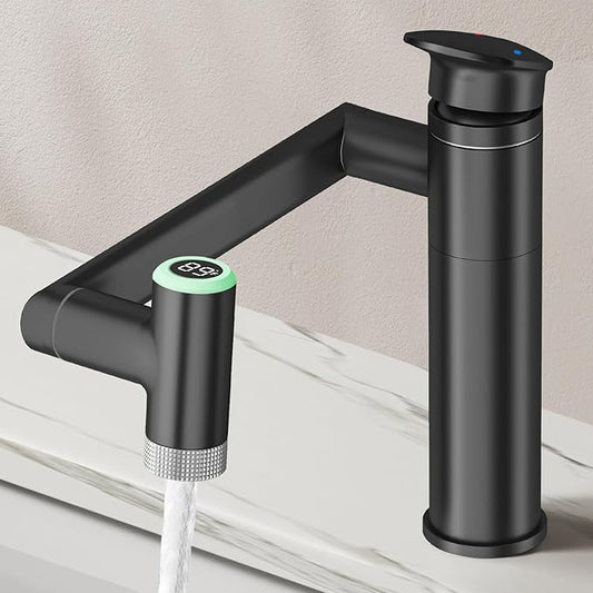 HOWUWEY 1080° Rotatable Single Hole Bathroom Vanity Faucet with Temperature Display, Height Adjustable Single Lever Bathroom Sink Faucet 1 Hole, LED Basin Faucet with Color Change (Black)