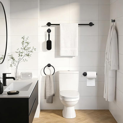 5-Piece Matte Black Bathroom Hardware Set, SUS304 Stainless Steel Wall Mounted Bathroom Accessories, 24 Inch Towel Bar, Towel Ring, Toilet Paper Holder, 2 Hooks, Rustproof Modern Bathroom Fixtures
