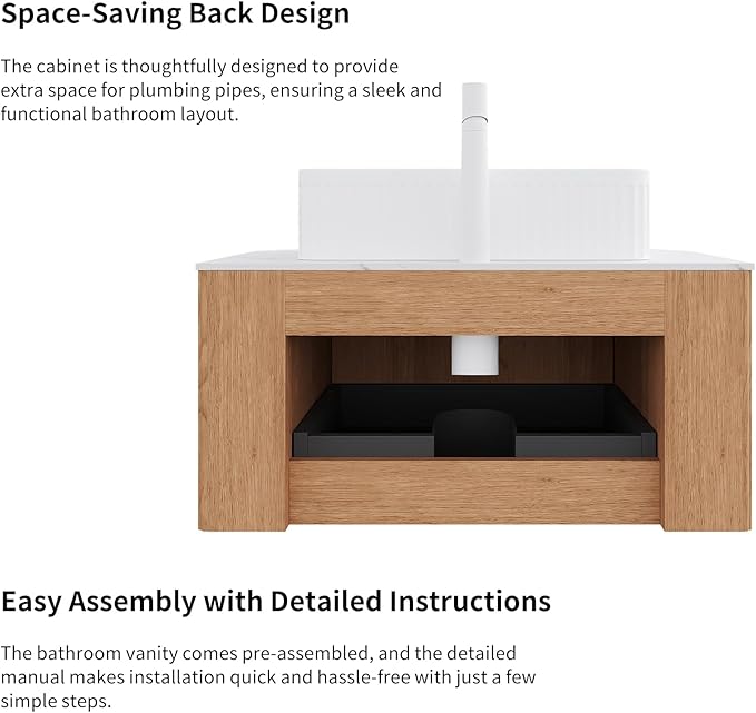 Yayzy 60" Floating Bathroom Vanity with Sink, Solid Wood Fluted Cabinet, White Fluted Square Ceramic Basin & Faux Marble Top, Soft-Close Drawer, Pre-Assembled, Natural Woodgrain
