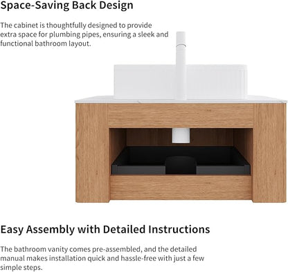 Yayzy 30" Floating Bathroom Vanity with Sink, Solid Wood Fluted Cabinet, White Fluted Square Ceramic Basin & Faux Marble Top, Soft-Close Drawer, Pre-Assembled, Natural Woodgrain