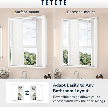 TETOTE White Medicine Cabinet Mirror 21" x 27" Aluminum Framed Surface or Recessed Wall-Mounted Bathroom Medicine Cabinets Beveled Mirror with Storage for Modern Farmhouse Bathroom