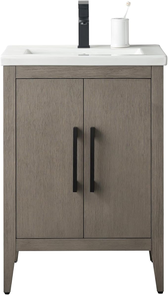 HomeBeyond 24 Inch Bathroom Vanity with Sink & Ceramic Top, Single Vanity Cabinet with Basin, Soft-Closing Doors & Matte Black Hardware, Driftwood Gray