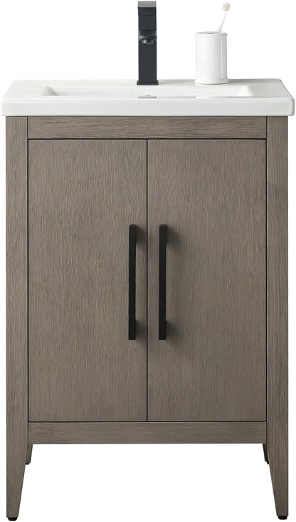 HomeBeyond 24 Inch Bathroom Vanity with Sink & Ceramic Top, Single Vanity Cabinet with Basin, Soft-Closing Doors & Matte Black Hardware, Driftwood Gray