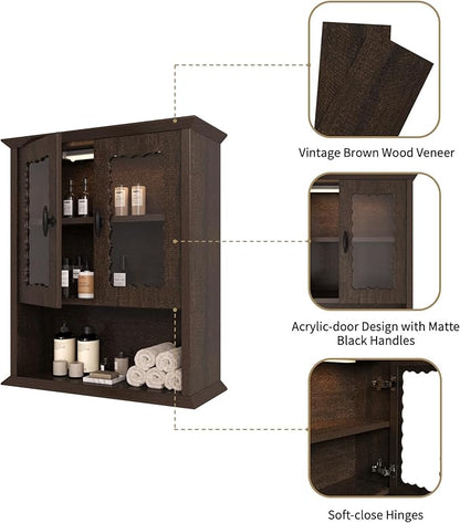 CJL Bathroom Wall Cabinet with Motion Sensor Led Light, Over The Toilet Storage Cabinet, 18.9'' x 23.6'' Medicine Cabinet of Mid-Century Modern Design with Acrylic Door, Brown