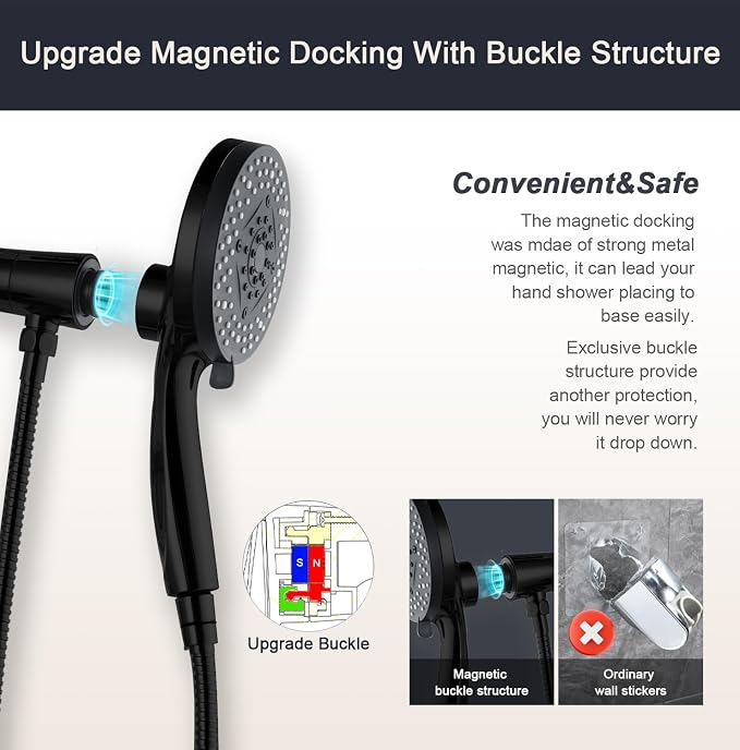 Black Filter Magnetic Shower Head with Handheld | High Pressure 9 setting Handheld Shower Head,Magnetic Bracket,59 Inches Stainless Steel Shower Hose,Filter Element