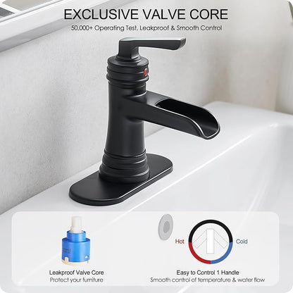 Matte Black Bathroom Faucet 1 Hole, Brass Waterfall Bathroom Faucets 3 Hole 4 Inch Single Handle with Pop-up Drain, Deck Plate, Pre-Installed cUPC Hose for Lavatory, Farmhouse, 5 Mins Install