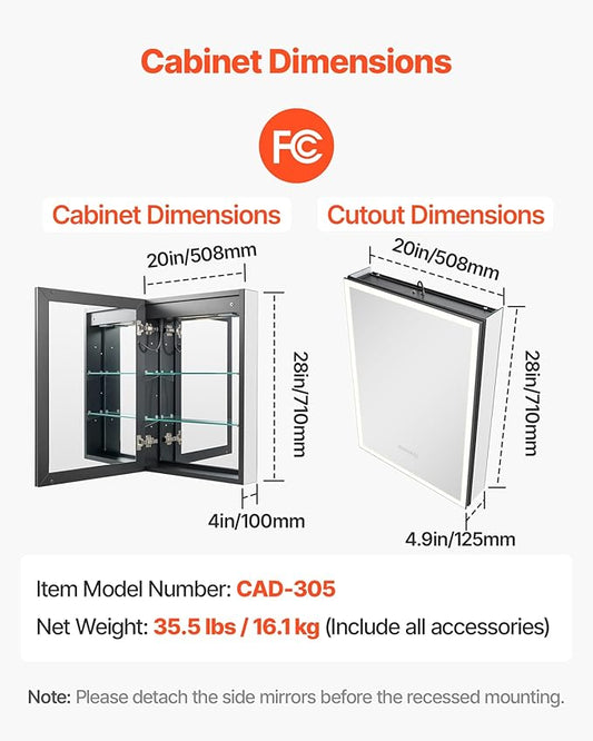 VEVOR Lighted Medicine Cabinet with Mirror, 20 x 28 in Recessed or Wall Mount, 3 Color Dimmable LED Bathroom Medicine Cabinet with Sensor Light, Adjustable Shelve Storage, Memory Defog Function