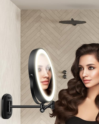 9'' 30X/1X Wall Mounted Height Adjustable Lighted Magnifying Makeup Mirror | 5000mAh Rechargeable Bathroom Mirror with 3 Color Modes Light, Extended Arm Space Saving for Apartment, Hotel, Rental House