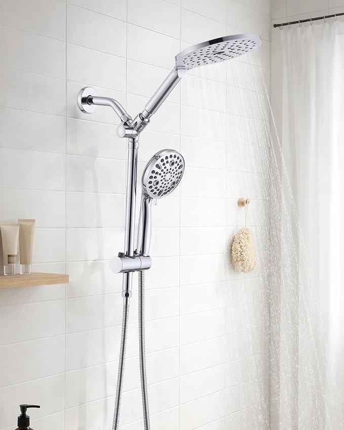PDPBath High Pressure Rainfall Shower Head with Handheld Combo, 10 Setting Handheld Shower Head, Dual Handheld Shower Head Combo with Slide Bar for Easy Reach, Chrome