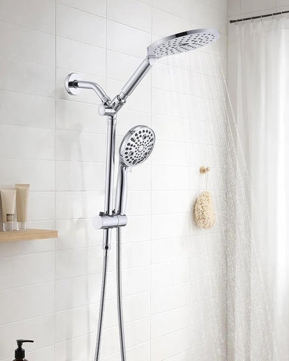 PDPBath High Pressure Rainfall Shower Head with Handheld Combo, 10 Setting Handheld Shower Head, Dual Handheld Shower Head Combo with Slide Bar for Easy Reach, Chrome