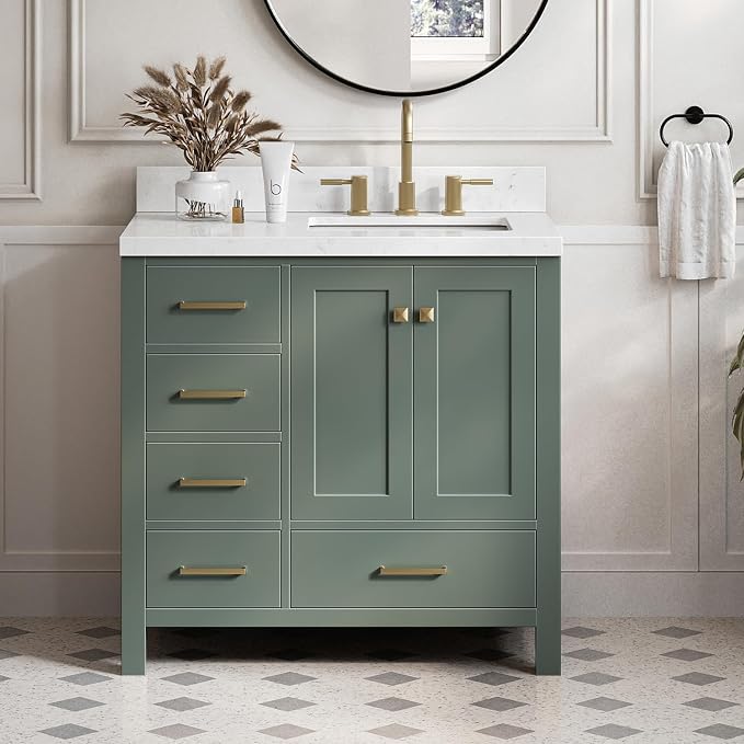 ARIEL Cambridge 36-inch Bathroom Vanity with Sink,Solid Wood, 1.5-inch Carrara White Quartz Countertop, Single Rectangular Porcelain Sink, 2 Soft Closing Doors, 5 Dovetail Drawers, Vintage Green