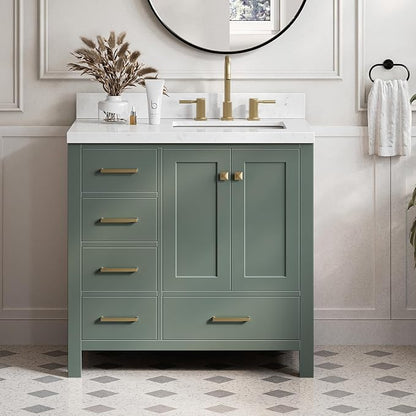 ARIEL Cambridge 36-inch Bathroom Vanity with Sink,Solid Wood, 1.5-inch Carrara White Quartz Countertop, Single Rectangular Porcelain Sink, 2 Soft Closing Doors, 5 Dovetail Drawers, Vintage Green