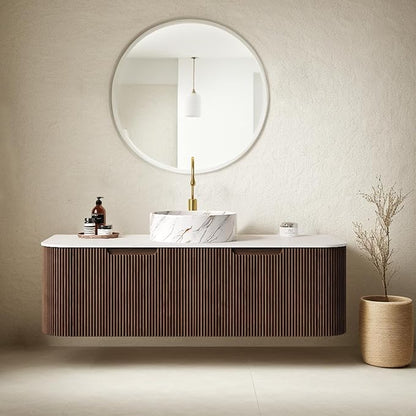 48" Floating Bathroom Vanity with Sink, Wall-Mount Cabinet 2 Large Storage Drawer, White Ceramic Basins with Stone Pattern and Marble Top, Soft-Close Design, Dark Walnut
