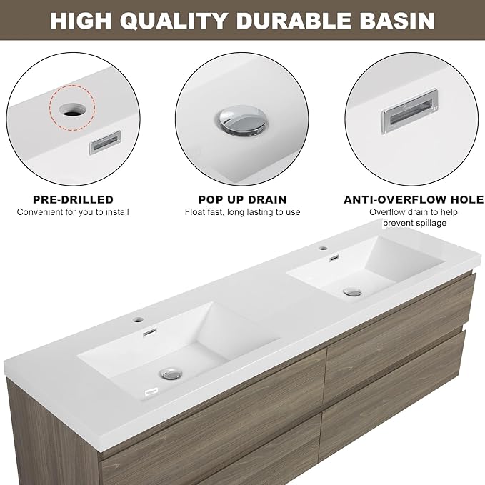 Wall Mounted 72 Inch Bathroom Vanity with Sink, Floating Vanity Bathroom, Double Sink Bathroom Vanity, 4 Drawers, Resin Integrated Sink (Ash Grey)