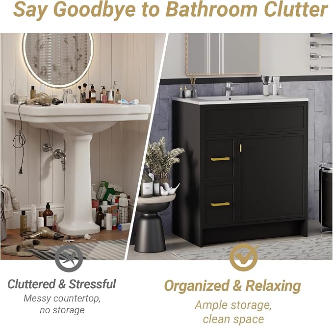 30 Inch Freestanding Bathroom Vanity with Sink, Shaker Style Black Cabinet with 2 Drawers & Single Door, Waterproof Lacquer Finish, Space-Saving for Small Bathroom & Apartment