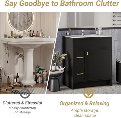 30 Inch Freestanding Bathroom Vanity with Sink, Shaker Style Black Cabinet with 2 Drawers & Single Door, Waterproof Lacquer Finish, Space-Saving for Small Bathroom & Apartment