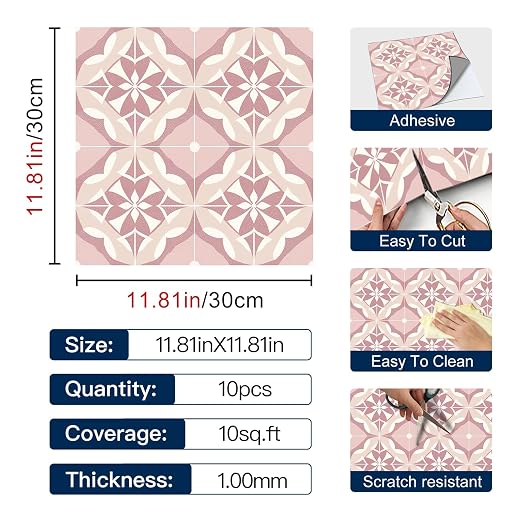 Pink Floral Geometric Peel and Stick Floor Tiles 12x12 Inch 10PCS | Pink and white floral geometric tile pattern vinyl floor stickers for kitchen bathroom entryway and indoor home decor