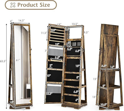 COSTWAY 360 Rotating Jewelry Armoire Cabinet, Standing Jewelry Organizer w/Full-Length Mirror & Large Storage Space, Lockable Mirror Jewelry Cabinet for Girls Women (Rustic Brown)