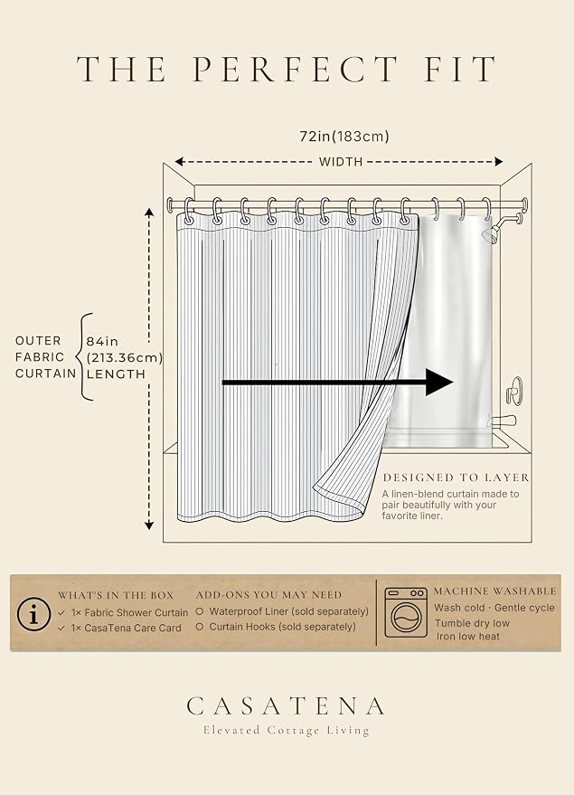 Farmhouse Striped Shower Curtain - Extra Long 72x84 Inches, Linen Blend Fabric, Breathable & Machine Washable, Rustic Black for Bathroom Decor (Hooks/Liner Not Included)