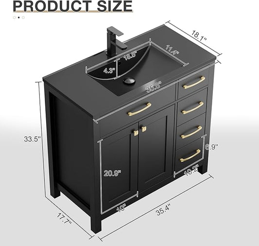 LUCKWIND 36" Bathroom Vanity with Sink Combo, Painted Modern Bathroom Storage Cabinet with Large Black Sink, Two Doors and Three Drawers, Include Faucet, Without Mirror, Black
