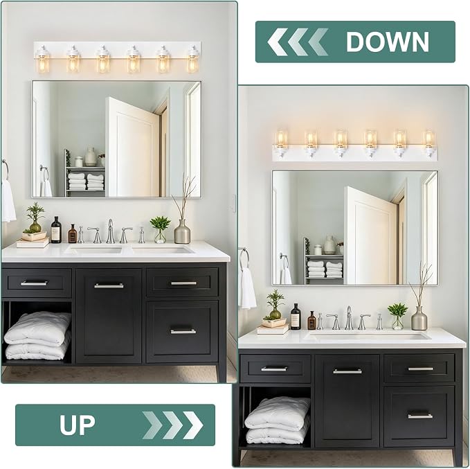 IZORRO Bathroom Vanity Light Fixture, 6-Light 46 Inch White Bathroom Light Fixtures Over Mirror, with Clear Glass Shade, Modern Farmhouse Vanity Lights, Rustic Restroom Lighting Fixtures