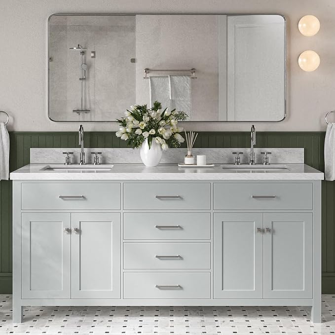Alenza 72 Inch Bathroom Vanity Double Sink — Grey Bathroom Vanity with Sink, 1.5" Edge Italian Carrara Marble Countertop & Backsplash, 4 Soft-Close Doors, 4 Dovetail Drawers