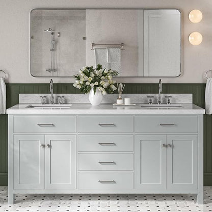 Alenza 72 Inch Bathroom Vanity Double Sink — Grey Bathroom Vanity with Sink, 1.5" Edge Italian Carrara Marble Countertop & Backsplash, 4 Soft-Close Doors, 4 Dovetail Drawers
