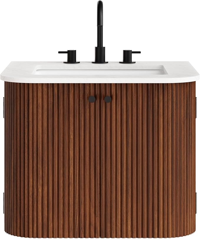 Modway Zia 24 inch Wall-Mount Bathroom Vanity in Walnut with Marble Sink Basin - Floating Bathroom Cabinet with Fluted Design