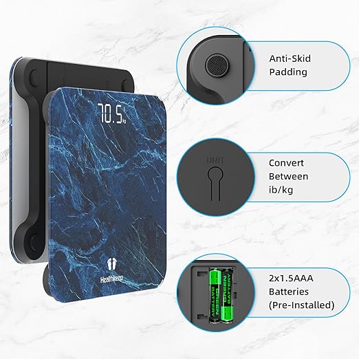 Healthkeep High Precision Digital Bathroom Scale with Step-On Technology LED Display Slim Design Max 180kg/400lb Marble Blue