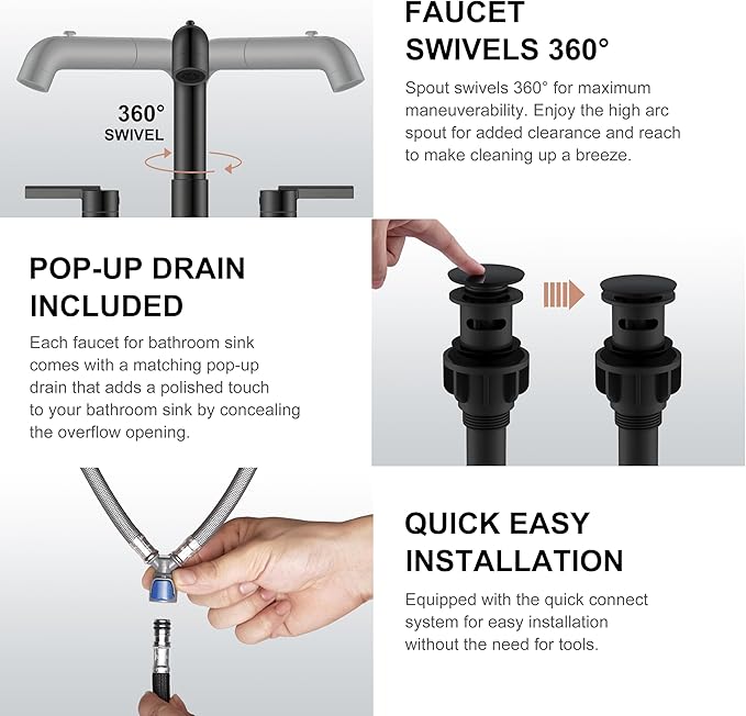 KENES Matte Black Pull Out Bathroom Faucet, 8 Inch 2 Handle Widespread Bathroom Faucet 3 Hole with Pull Down Sprayer, Bathroom Sink Faucet with Pop Up Drain & Supply Lines LJ-9058A-2