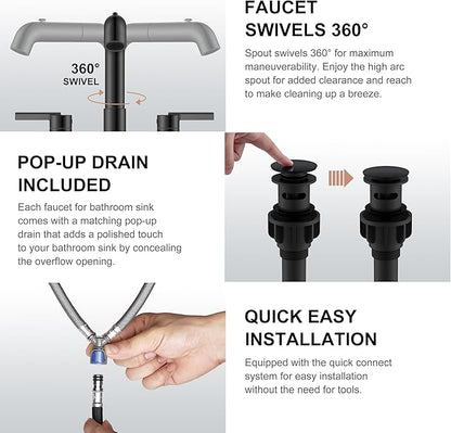 KENES Matte Black Pull Out Bathroom Faucet, 8 Inch 2 Handle Widespread Bathroom Faucet 3 Hole with Pull Down Sprayer, Bathroom Sink Faucet with Pop Up Drain & Supply Lines LJ-9058A-2