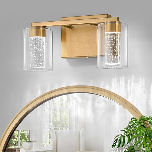 SineRise 2-Light Gold Vanity Light with 3 Color Modes (3000K/4000K/6000K), Eye Protection LED Bathroom Light Fixture, Dimmable Modern Wall Light Over Mirror with Clear Glass Shade
