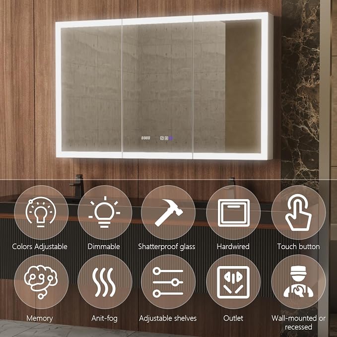 48 in. W Smart Lighted Medicine Cabinet with Mirror for Bathroom, Recessed/Surface Mount Medicine Cabinet with Anti-Fog, 1800W Charging Station, USB Ports, 3 Color Lights