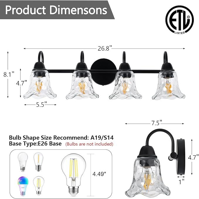 Bathroom Light Fixtures over Mirror, 4 Lights Vintage Wall Sconces with Hammered Glass Shade, 26.8" Matte Black Farmhouse Bathroom Wall Light Fixtures for Bedroom, Porch, Hotel, Mirror Cabinet
