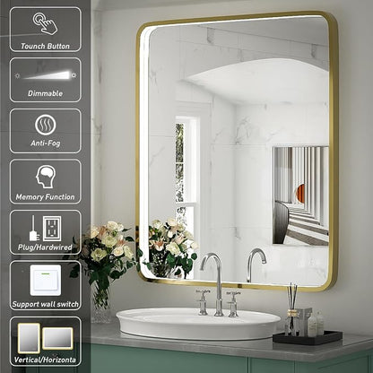 30x36 Inch LED Gold Frame Bathroom Mirror, ETL Listed | Anti-Fog,3 Color 3000K/4500K/6000K Dimmable,Horizontal & Vertical,Wall Mounted,Memory Function