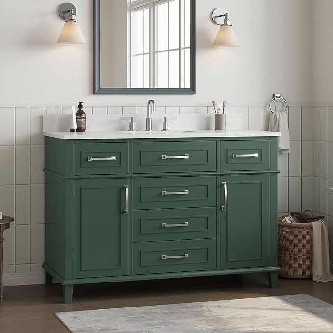 48 Inch Green Bathroom Vanity with Sink, Fully Assembled Bathroom Vanities with Soft Closing Doors & Dovetail Drawers, Solid Wood Vanity Bathroom, 48 Inch Vanity with Sink