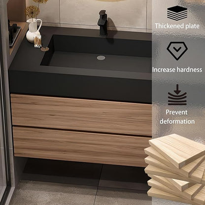 Floating Bathroom Vanity with Sink, Wall Mounted Cabinet with Seamless Integrated Basin, Walnut Color, Solid Wood Bathroom Cabinet, Pre-Assembly, Multiple Scenes (31.5in)