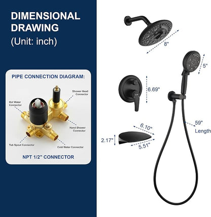 SHAMANDA Luxury Tub Shower Faucet Set with Round-in Valve, Wall Mounted Shower System with Waterfall Tub Spout and 6-Setting Rain Shower Head with 9-Setting Handheld, Matte Black, L8083-7
